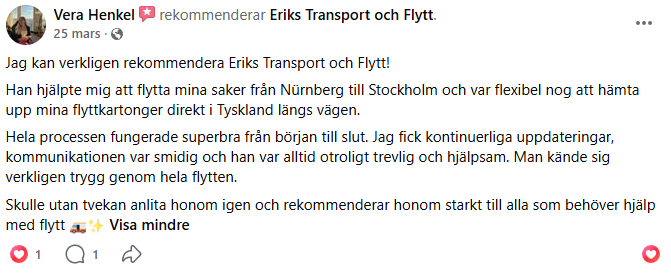 Kundrecension 2 för Eriks Transport och Flytt